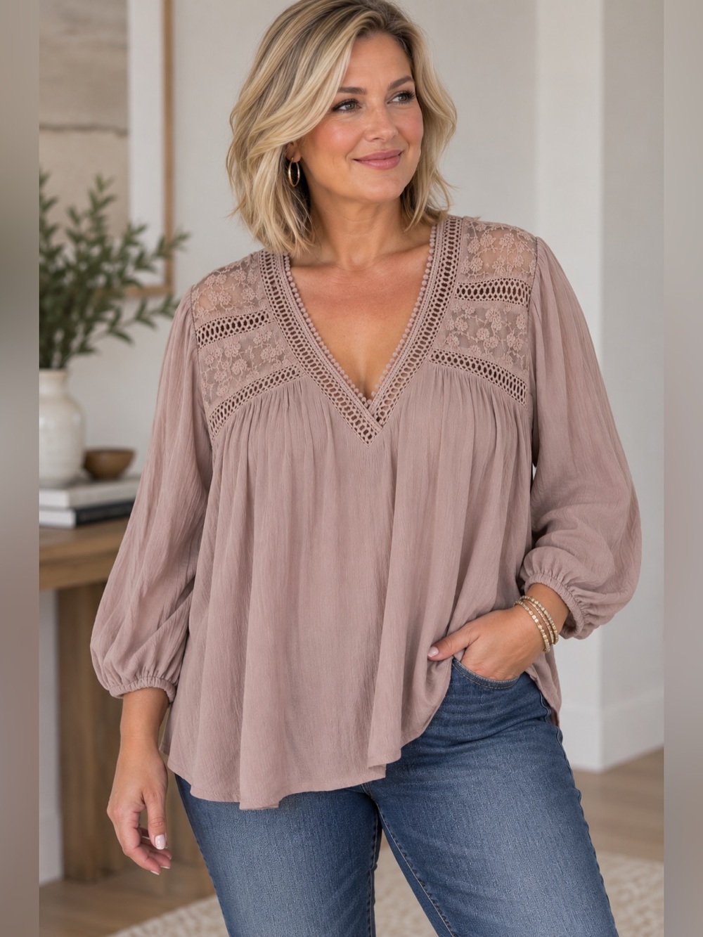 John Paul Richard 3X Mauve Lace Boho Peasant Blouse Rayon